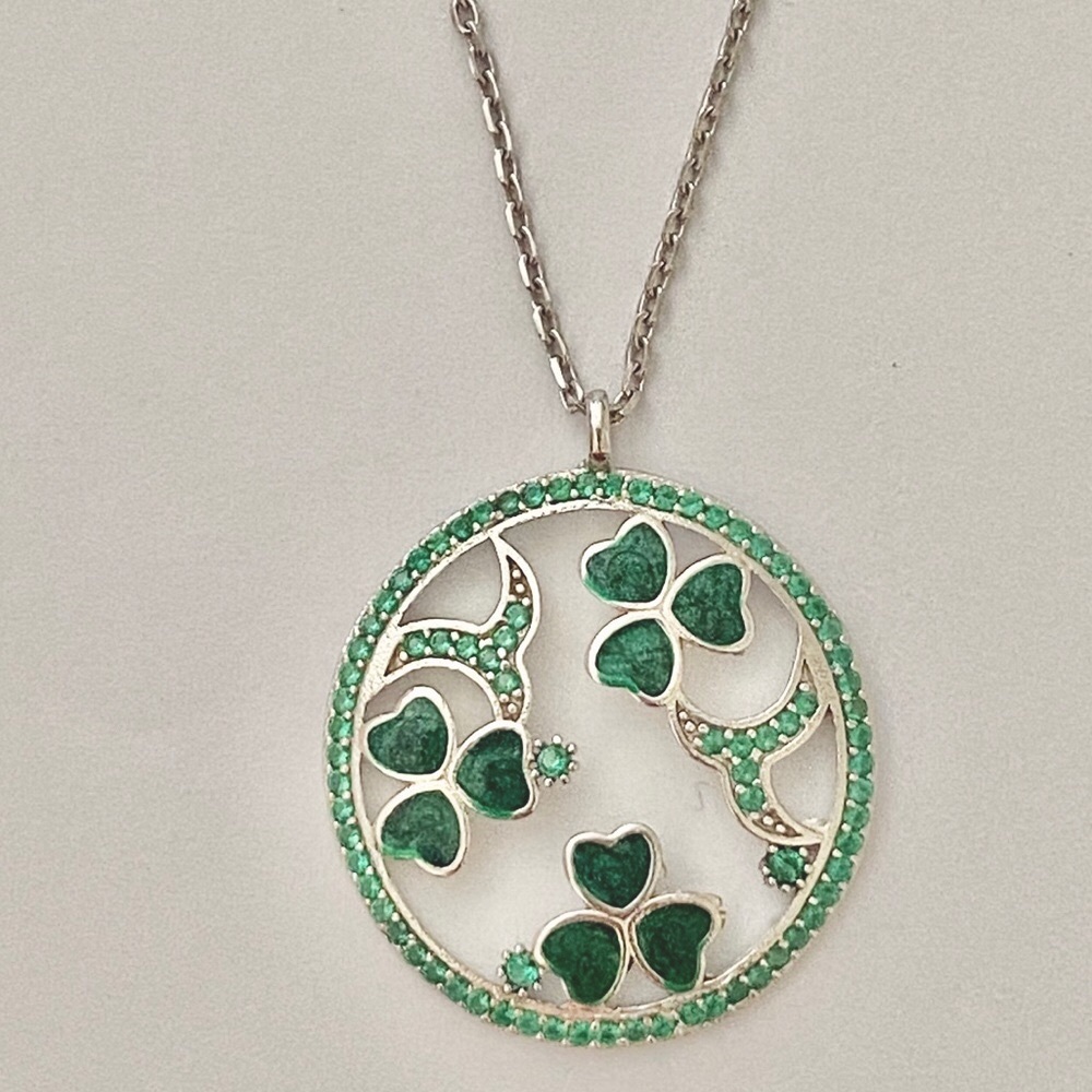 925 Silver clover necklace green enamel green cz stones